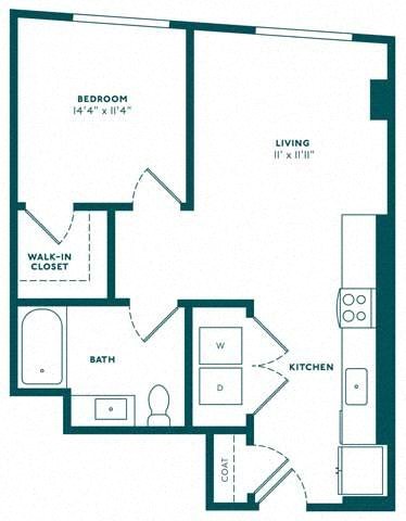 Floor plan for 1 bed, 1 bath, 645 sqft